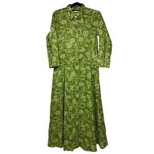 Julia Amory Women's Small Shirt Dress Maxi Green Floral 100% Cotton Pockets